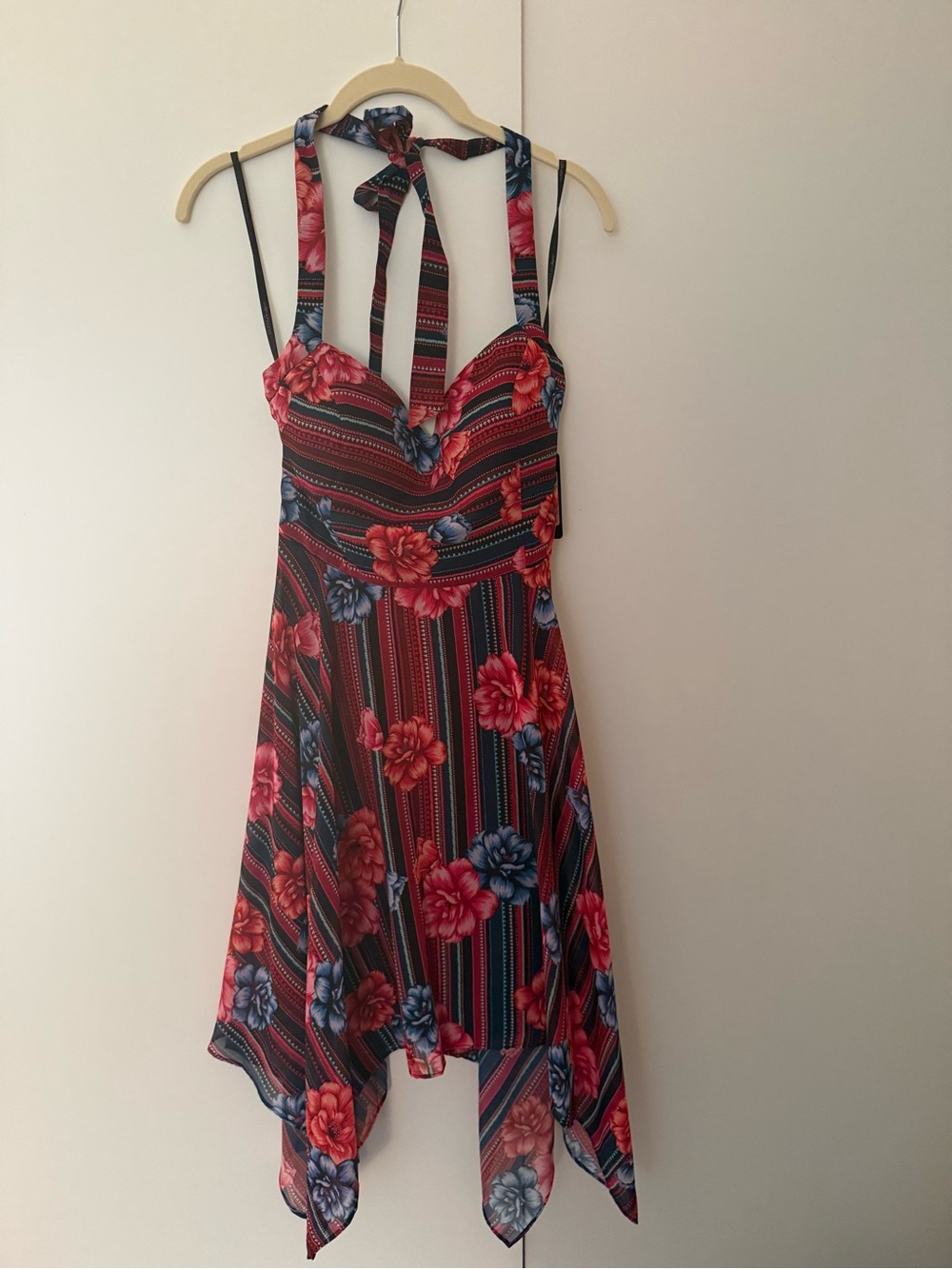 Guess Floral Halter High-Low Dress in Red and Blue